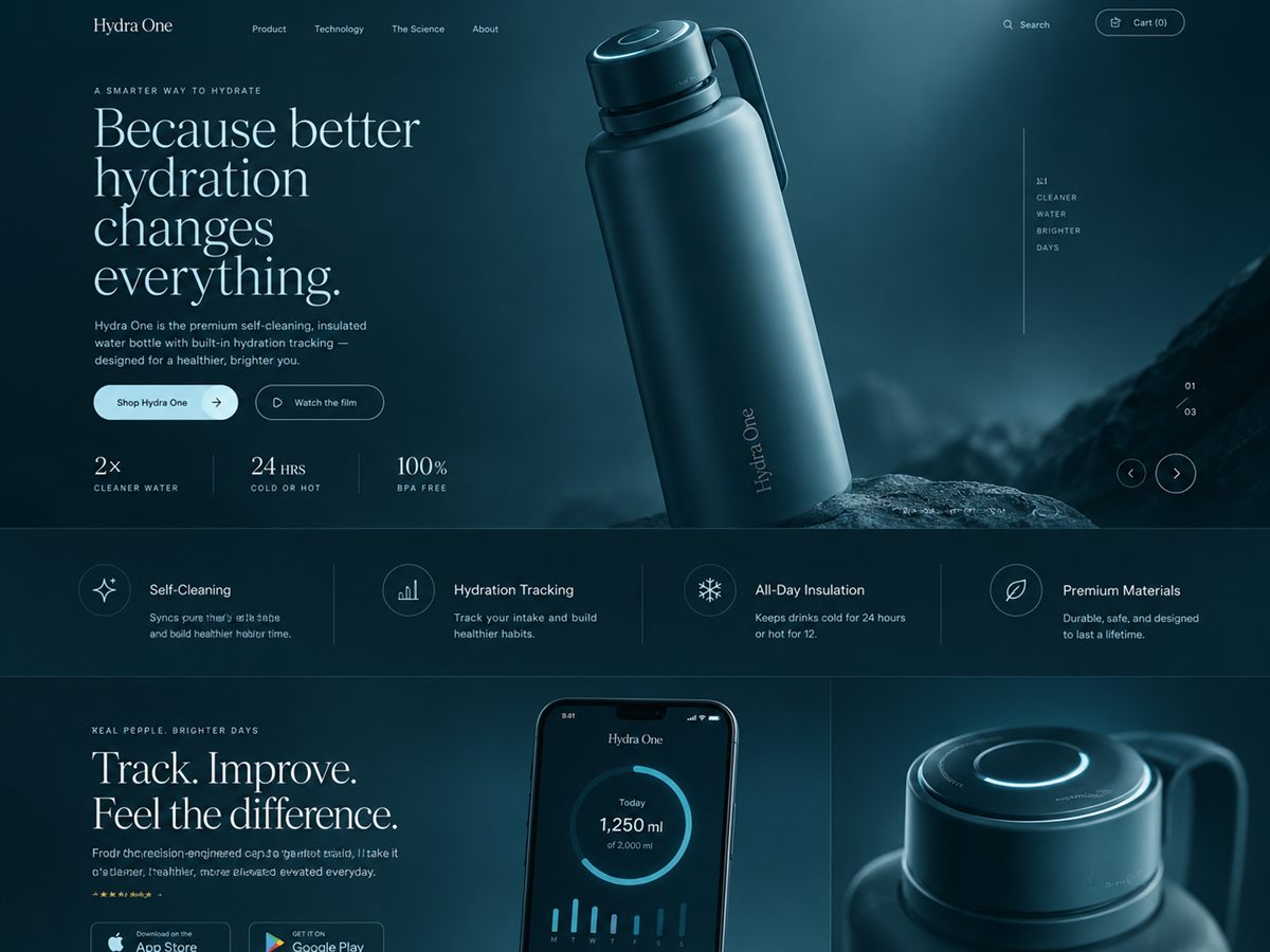 Главная страница лендинга бутылки Hydra One